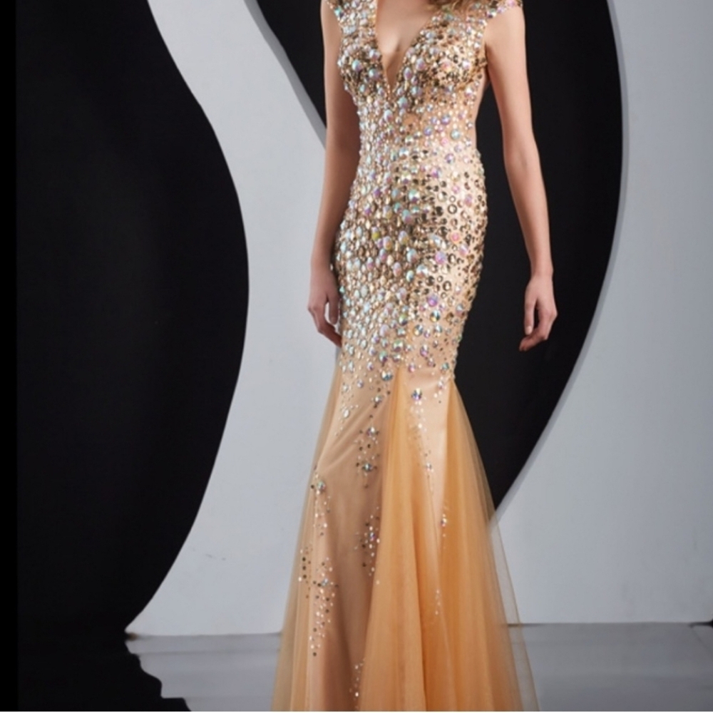 NEW JASZ COUTURE RED CARPET SZ 6 COPPER GOLD BEAD ILLUSION MERMAID EVENING GOWN